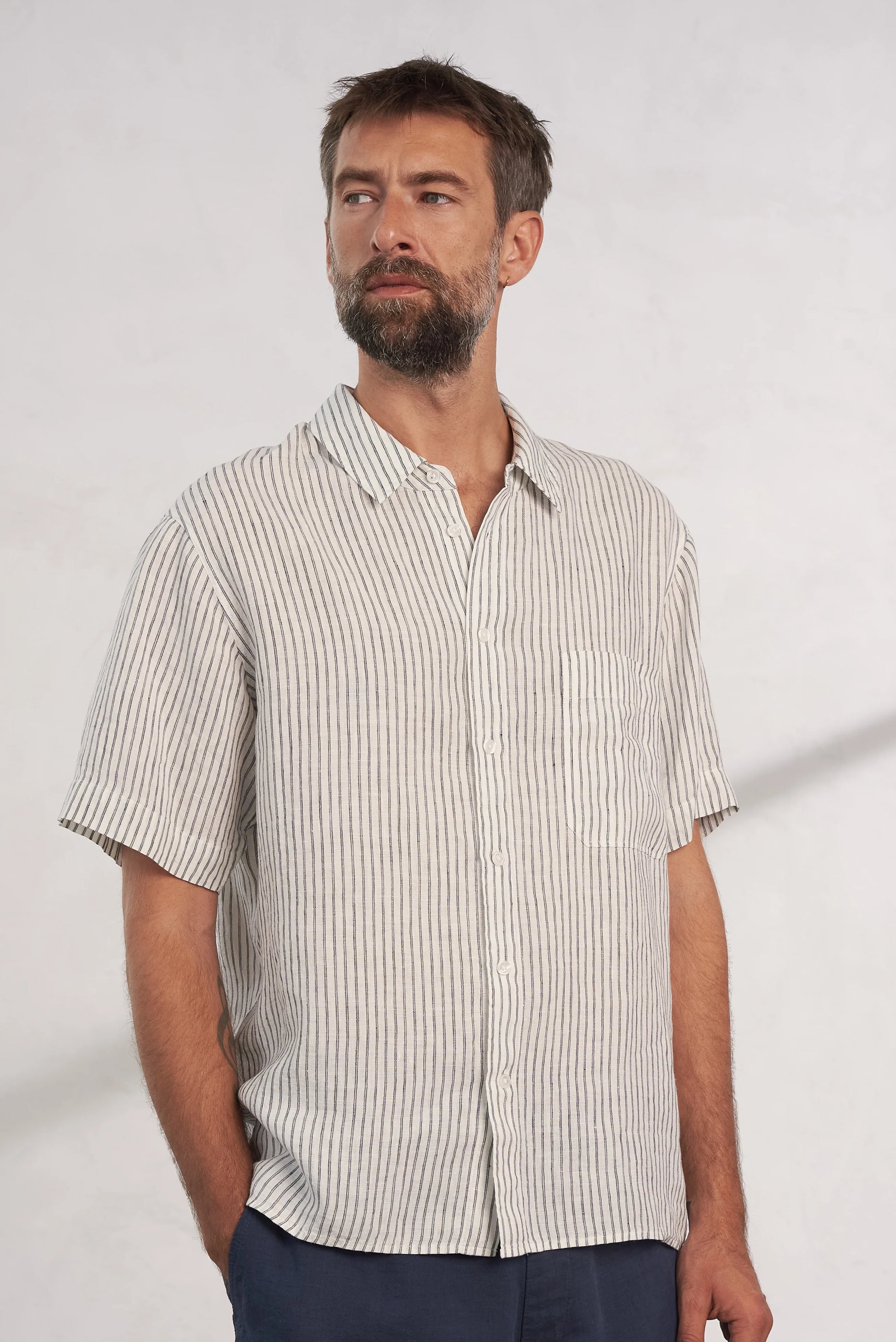 Klaas Pure Linen Shortsleeve Shirt Striped Vintage Navy