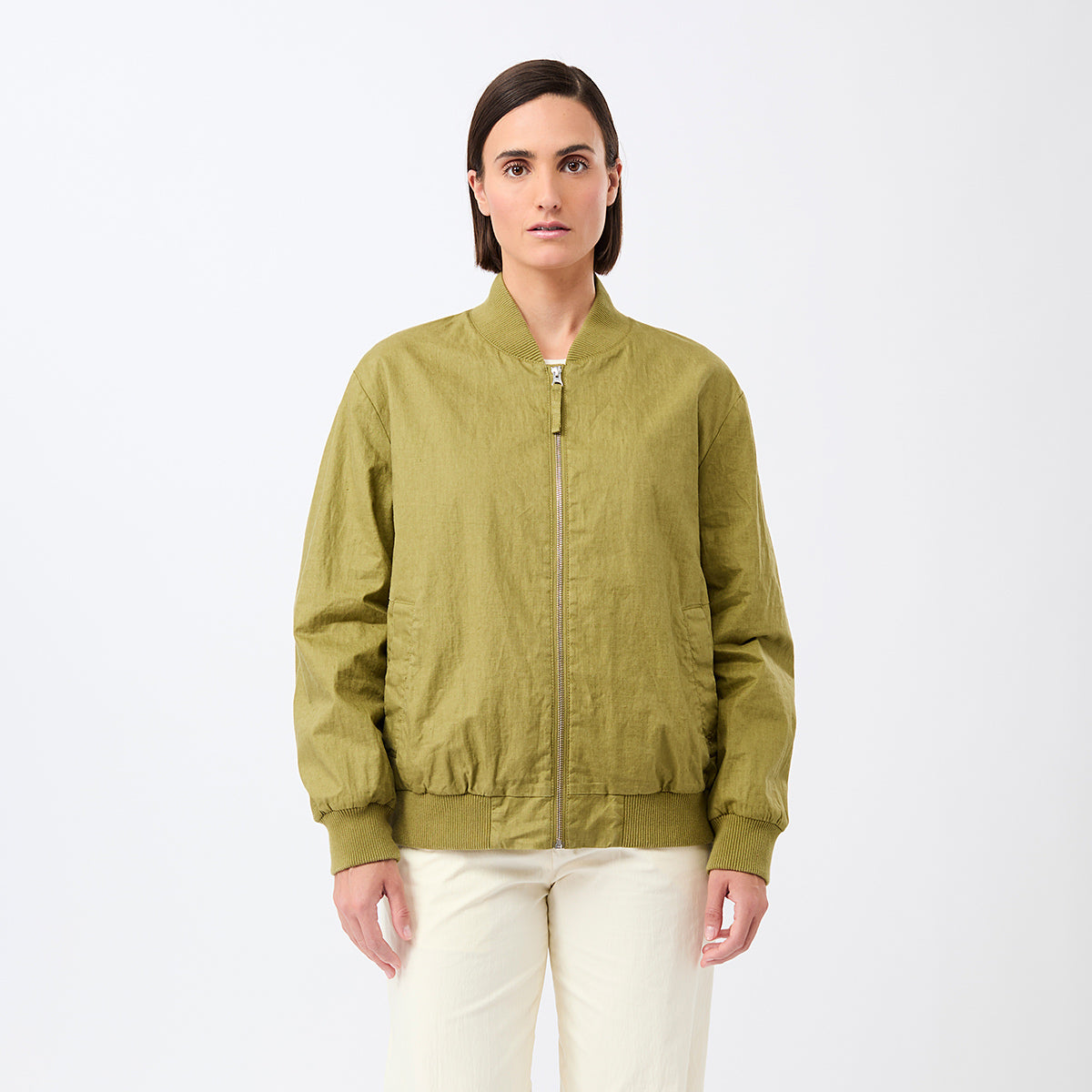 Winton Linen Bomber Jacket Green Olive