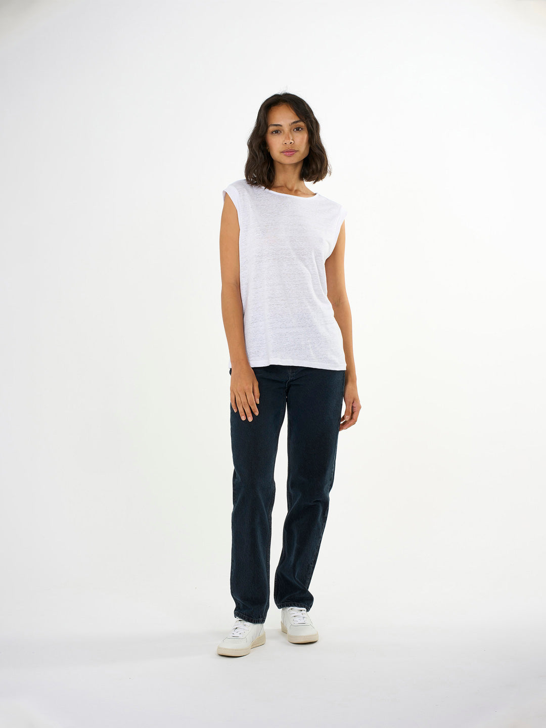 Loose Fold-Up Linen T-shirt White - KNOWLEDGE COTTON APPAREL
