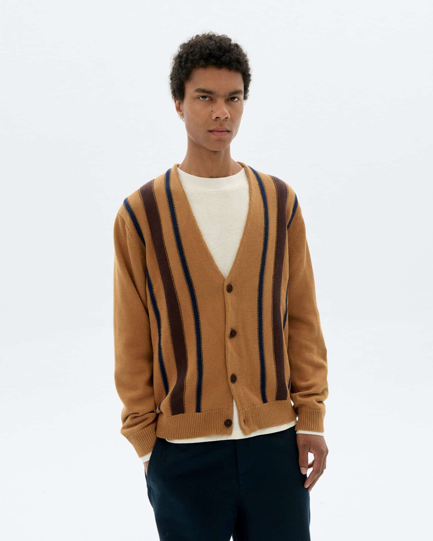 Creed Knitted Wool Blend Cardigan Brown Stripes