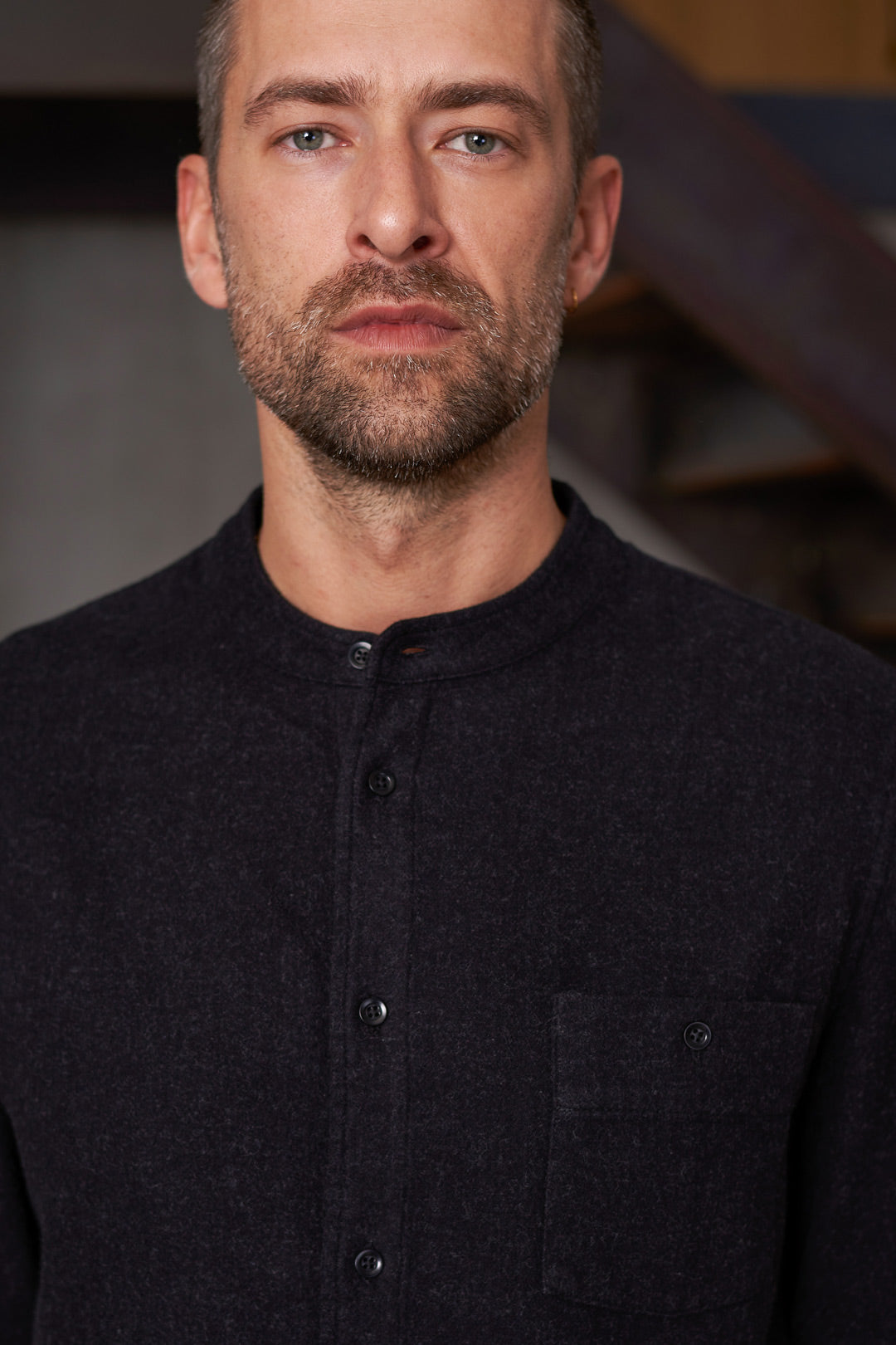Nathan Stand-Up Collar Flannel Shirt Black Melange