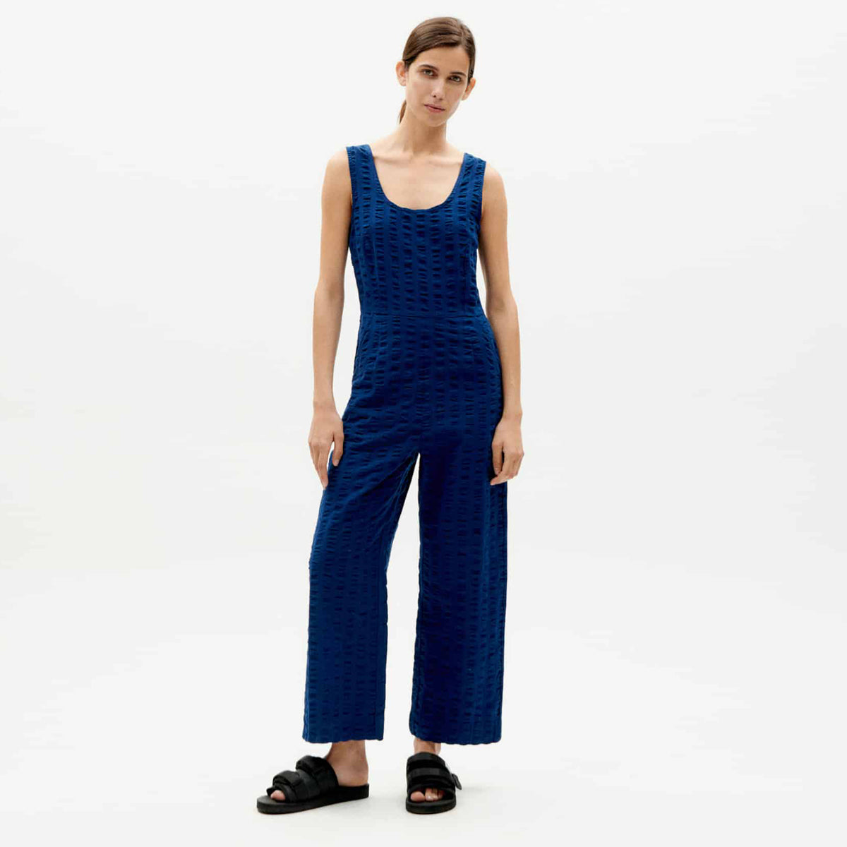 Rafflesia Big Seersucker Jumpsuit Navy - THINKING MU