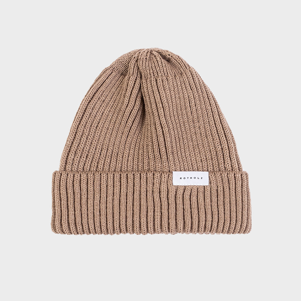 Merino Wool Classic Ribbed Beanie Sand - ROTHOLZ