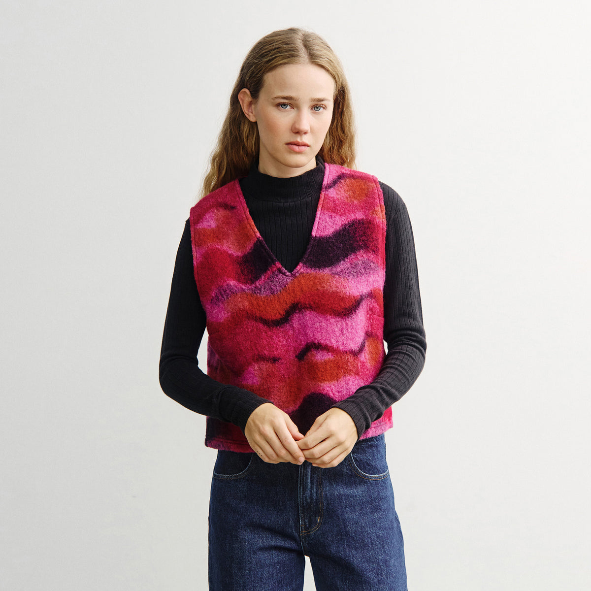 Vest Cropped Organic Wool Wavy Pink