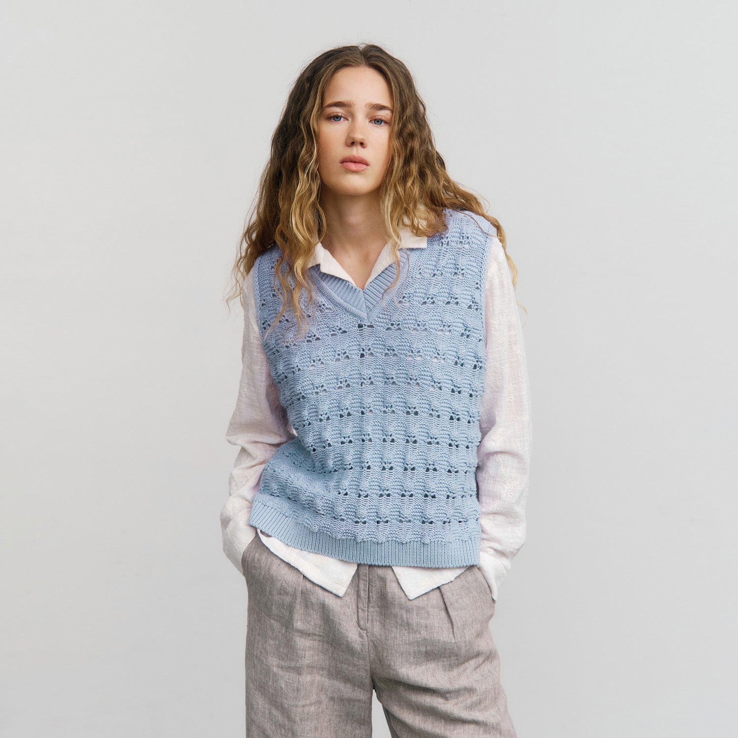 Wide Knit Vest Organic Cotton Soft Blue