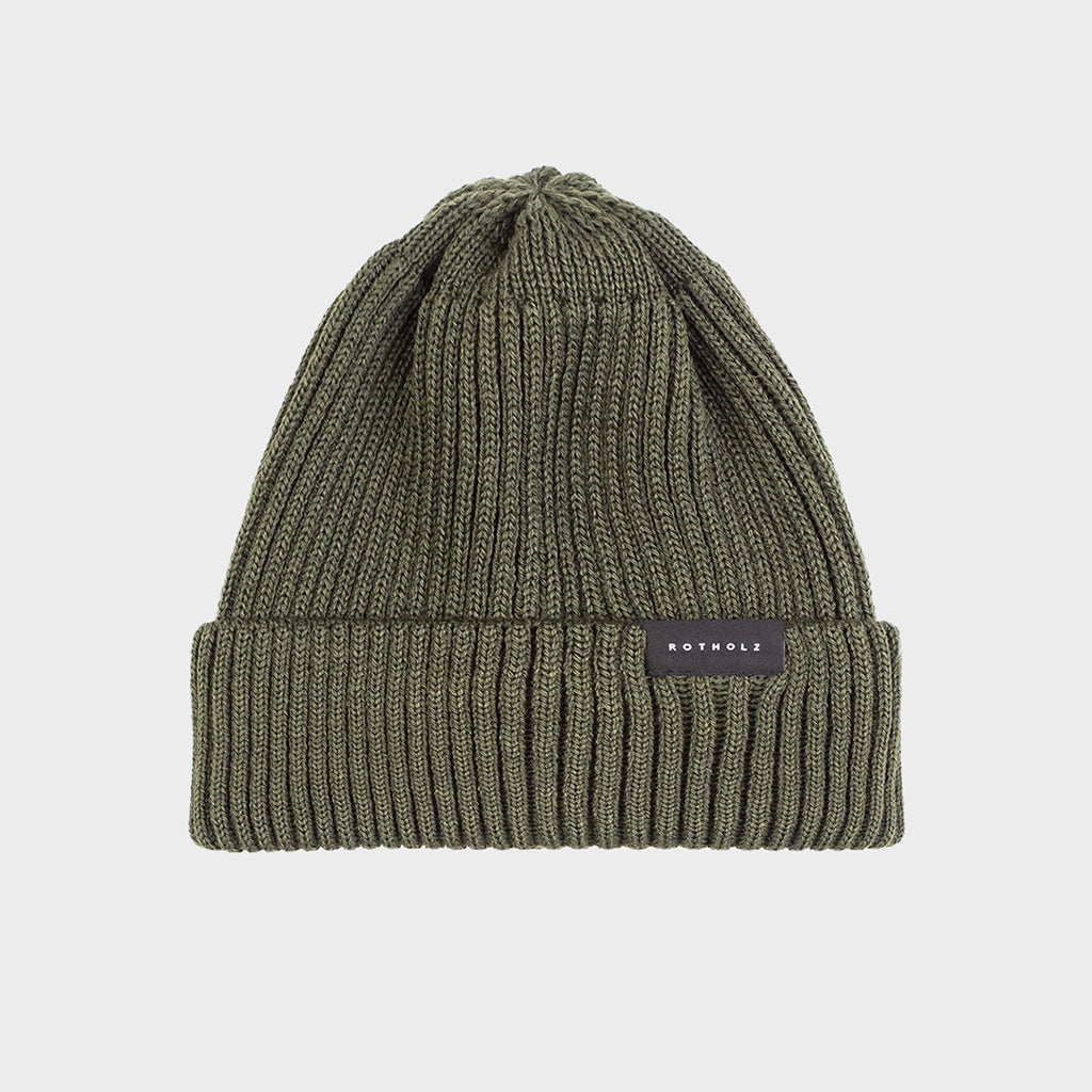 Merino Wool Classic Ribbed Beanie Olive - ROTHOLZ