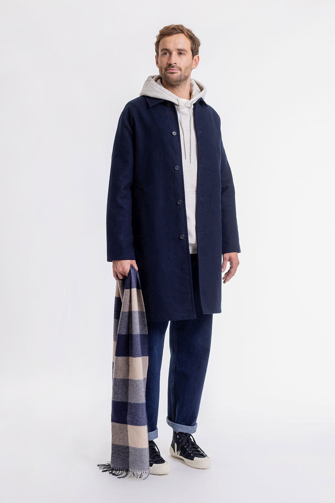 Moleskin Organic Cotton Overcoat Navy - ROTHOLZ