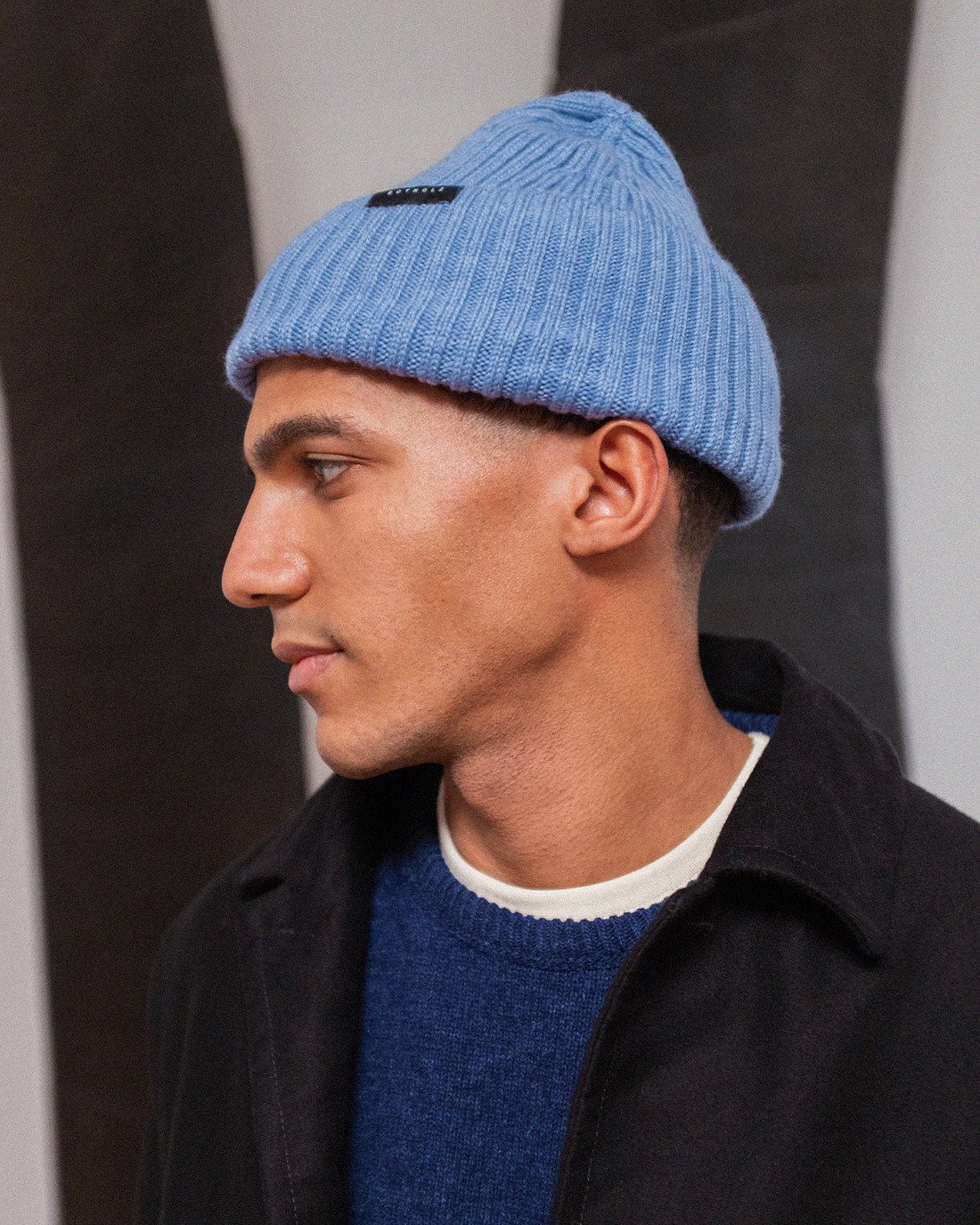 Classic Ribbed Knit Merino Wool Beanie Washed Bue