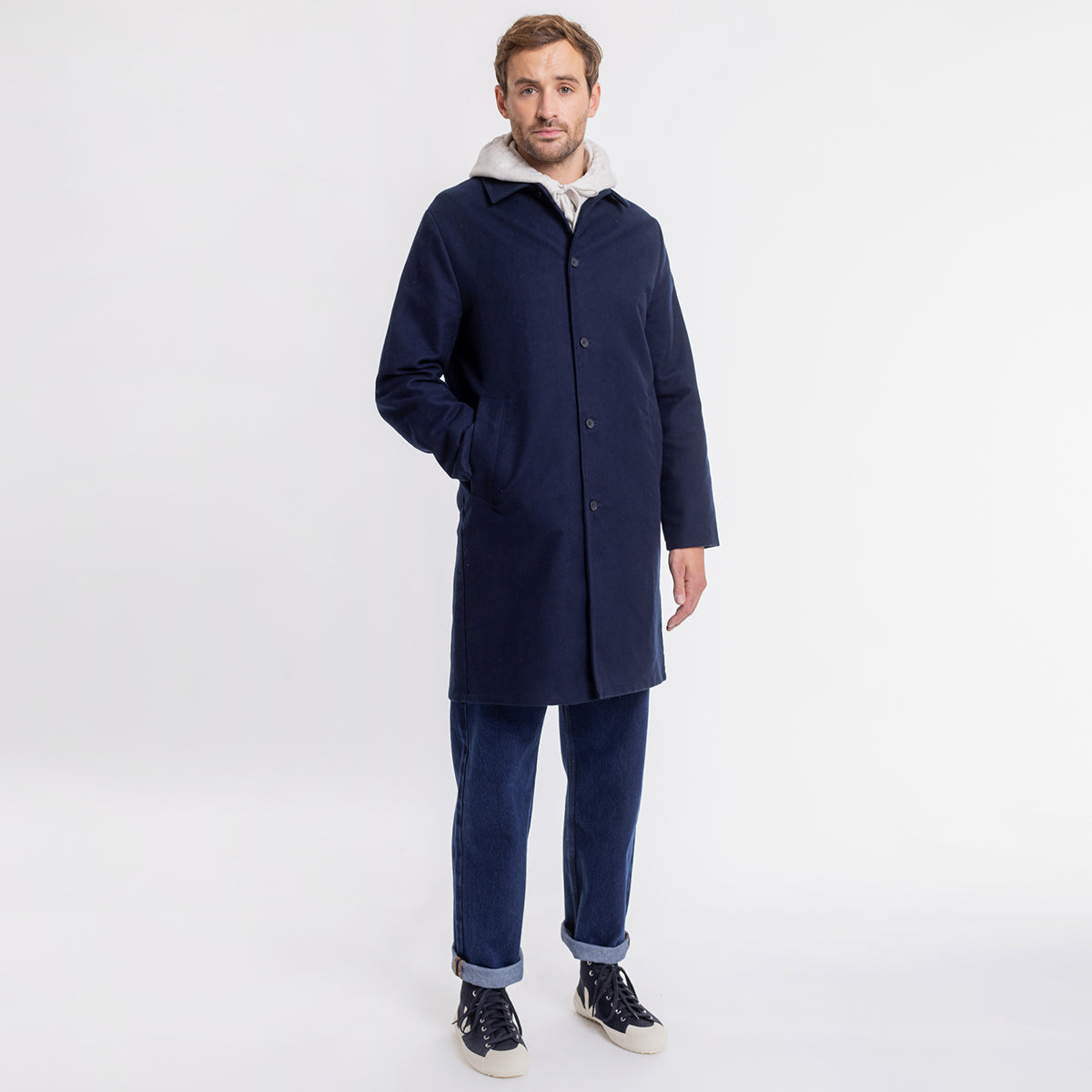 Moleskin Organic Cotton Overcoat Navy - ROTHOLZ
