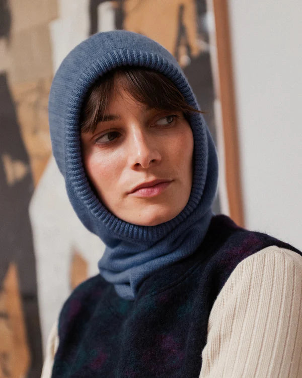 Balaclava Merino Wool Knit Hood Washed Blue
