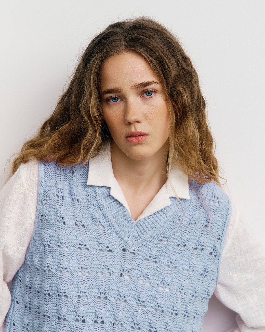 Wide Knit Vest Organic Cotton Soft Blue