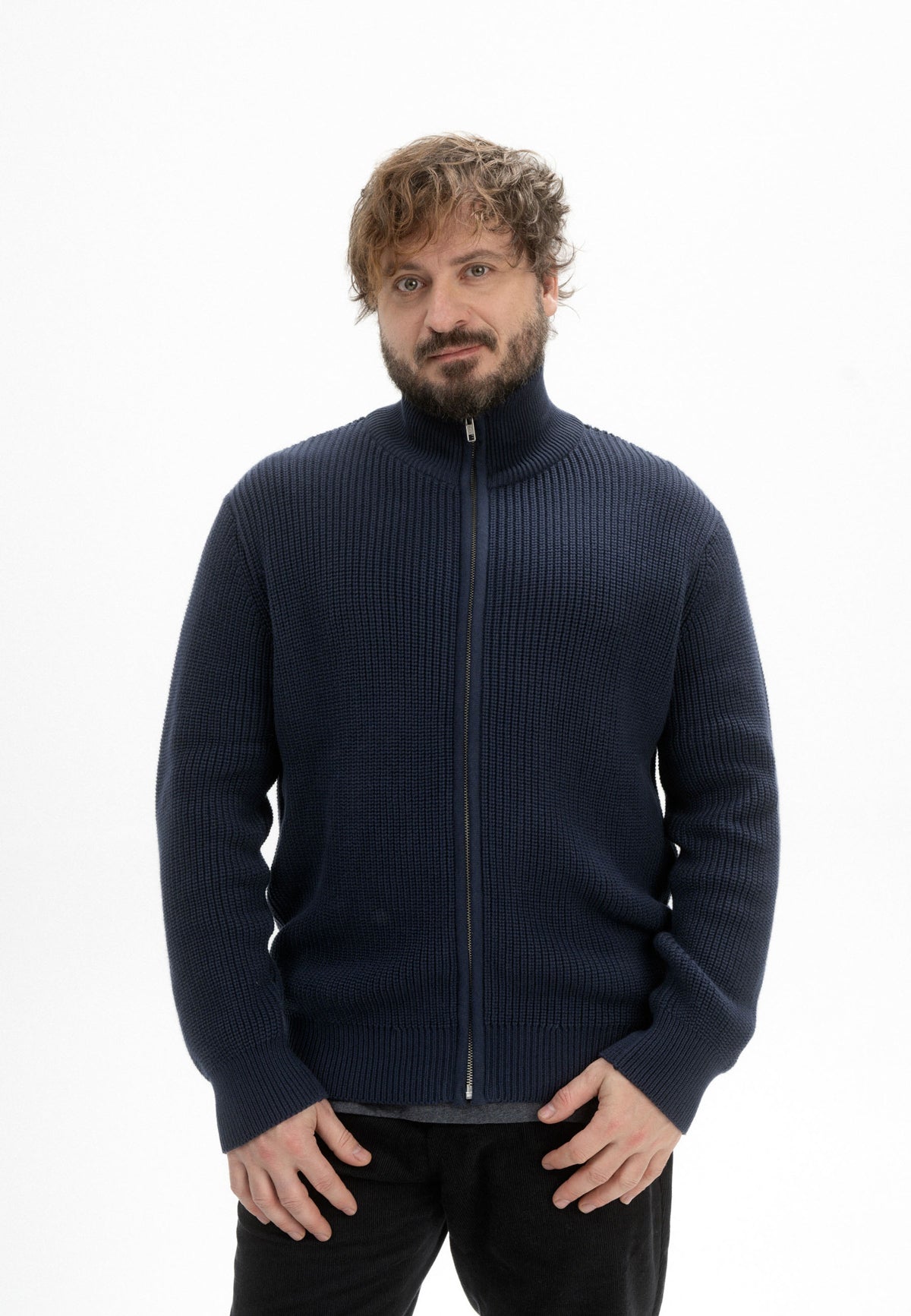 Ribbstickad Zip-tröja Taksh Navy