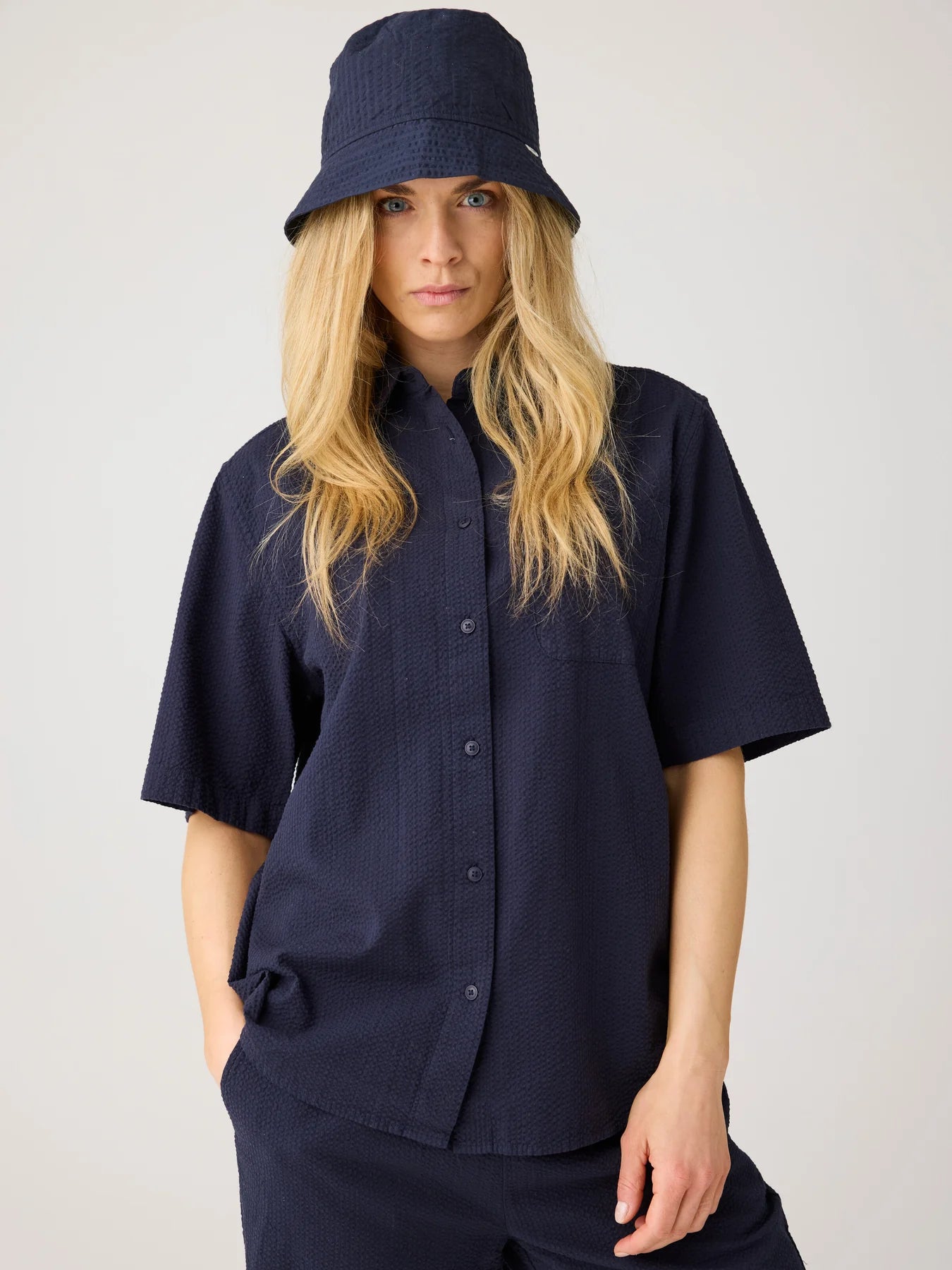 Loose Seersucker Short Sleeve Shirt Night Sky