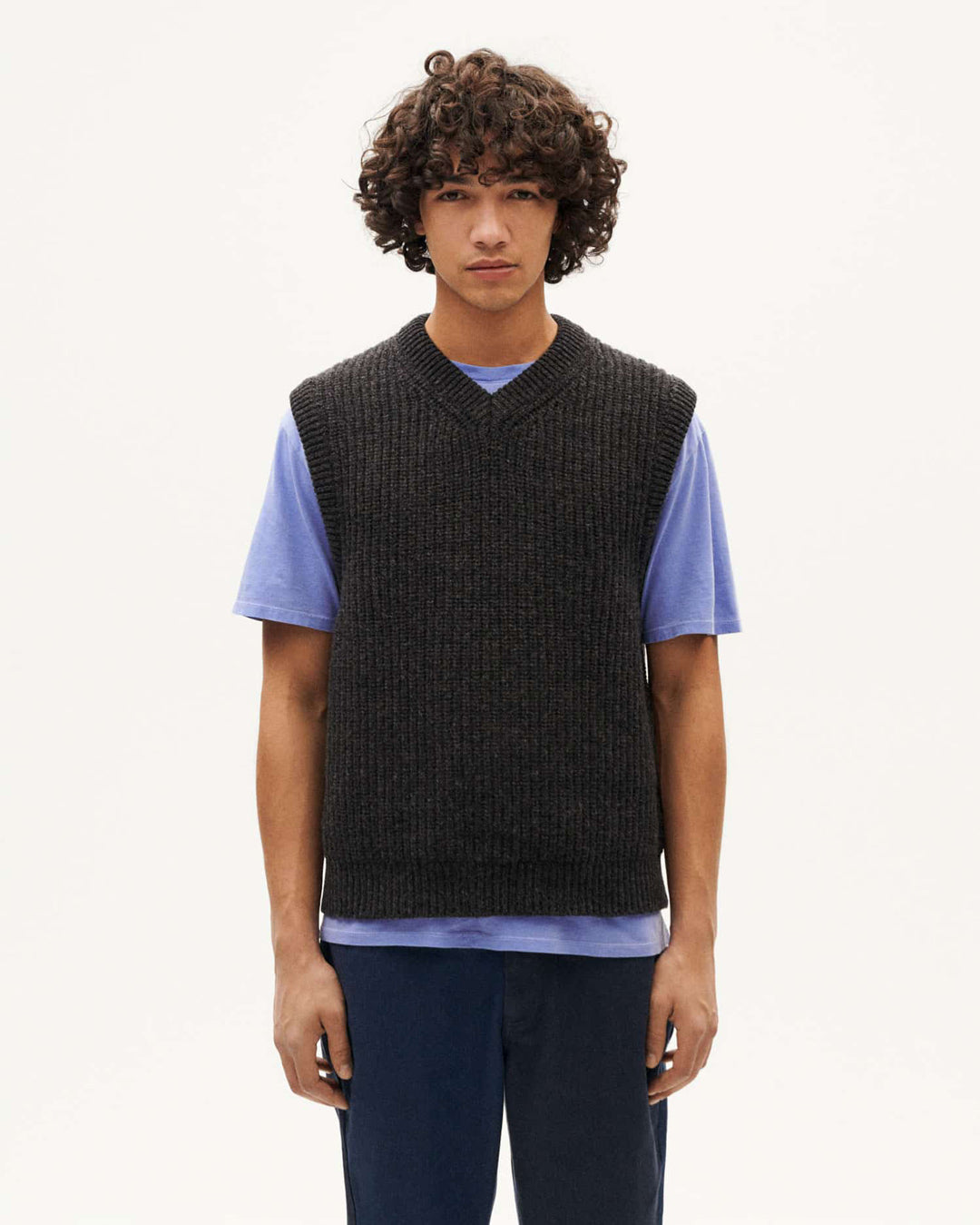 Oliver V-Neck Knit Wool Vest Black - THINKING MU