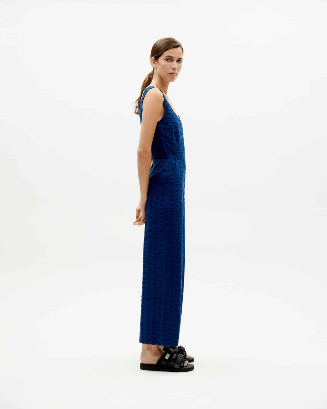 Rafflesia Big Seersucker Jumpsuit Navy - THINKING MU