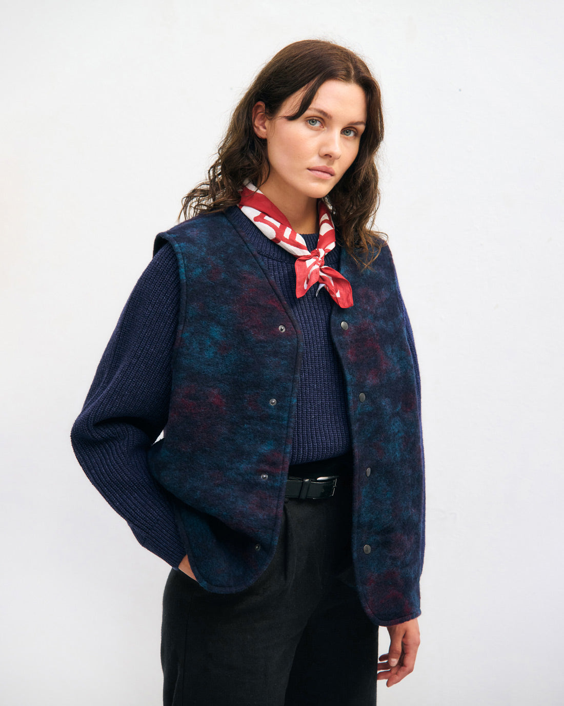 Button-Down Wool Vest Unisex Dark Watercolor
