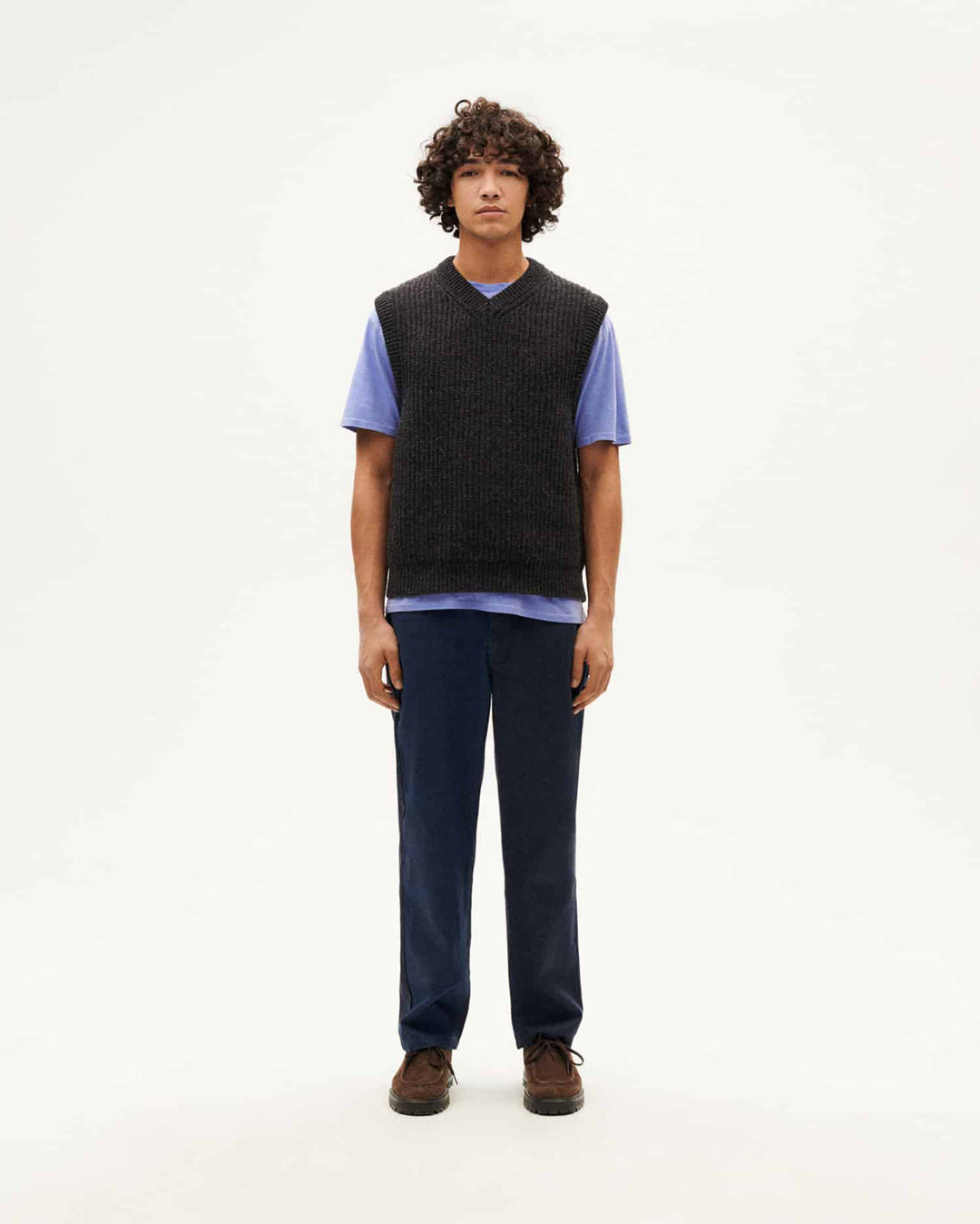 Oliver V-Neck Knit Wool Vest Black - THINKING MU