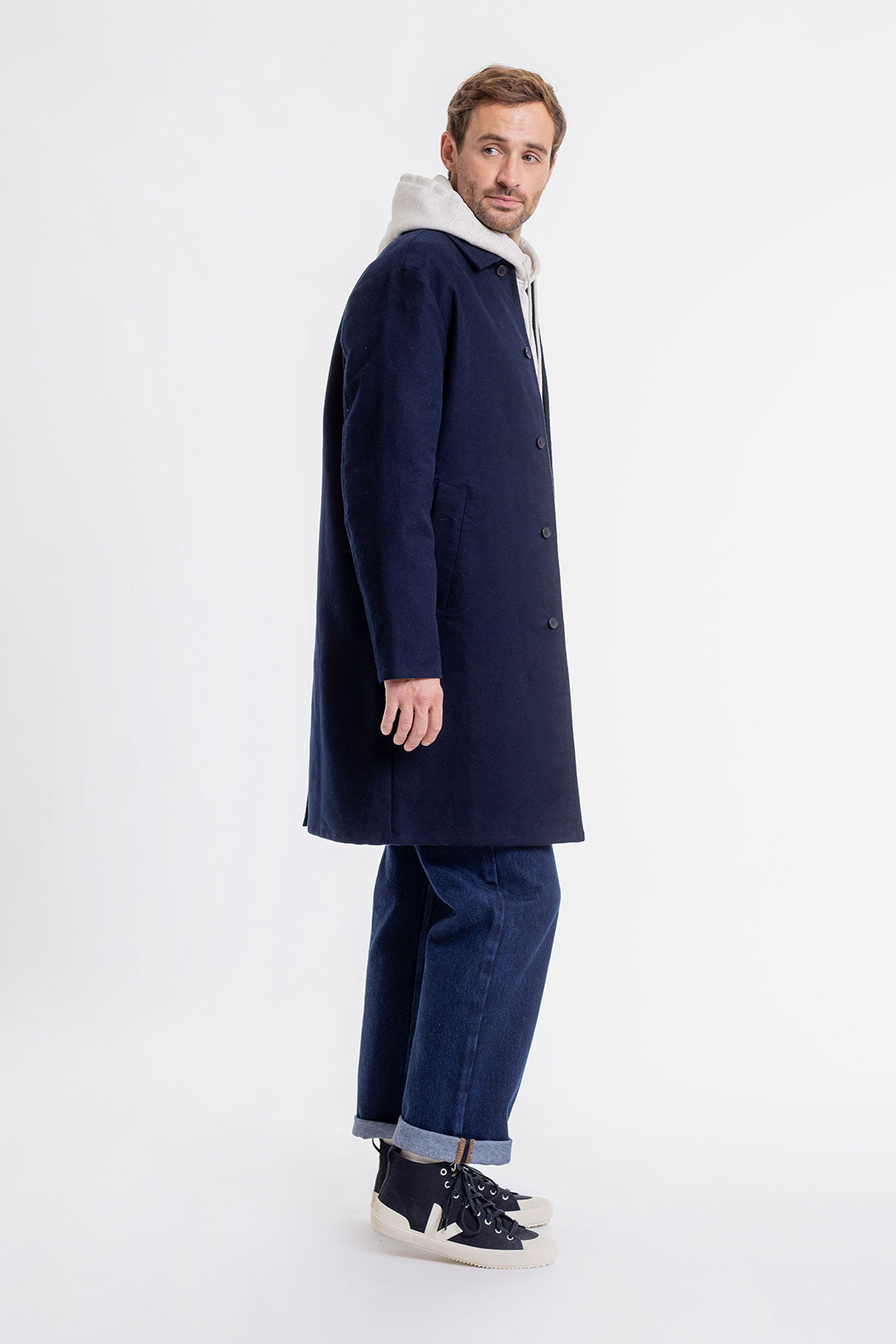 Moleskin Organic Cotton Overcoat Navy - ROTHOLZ