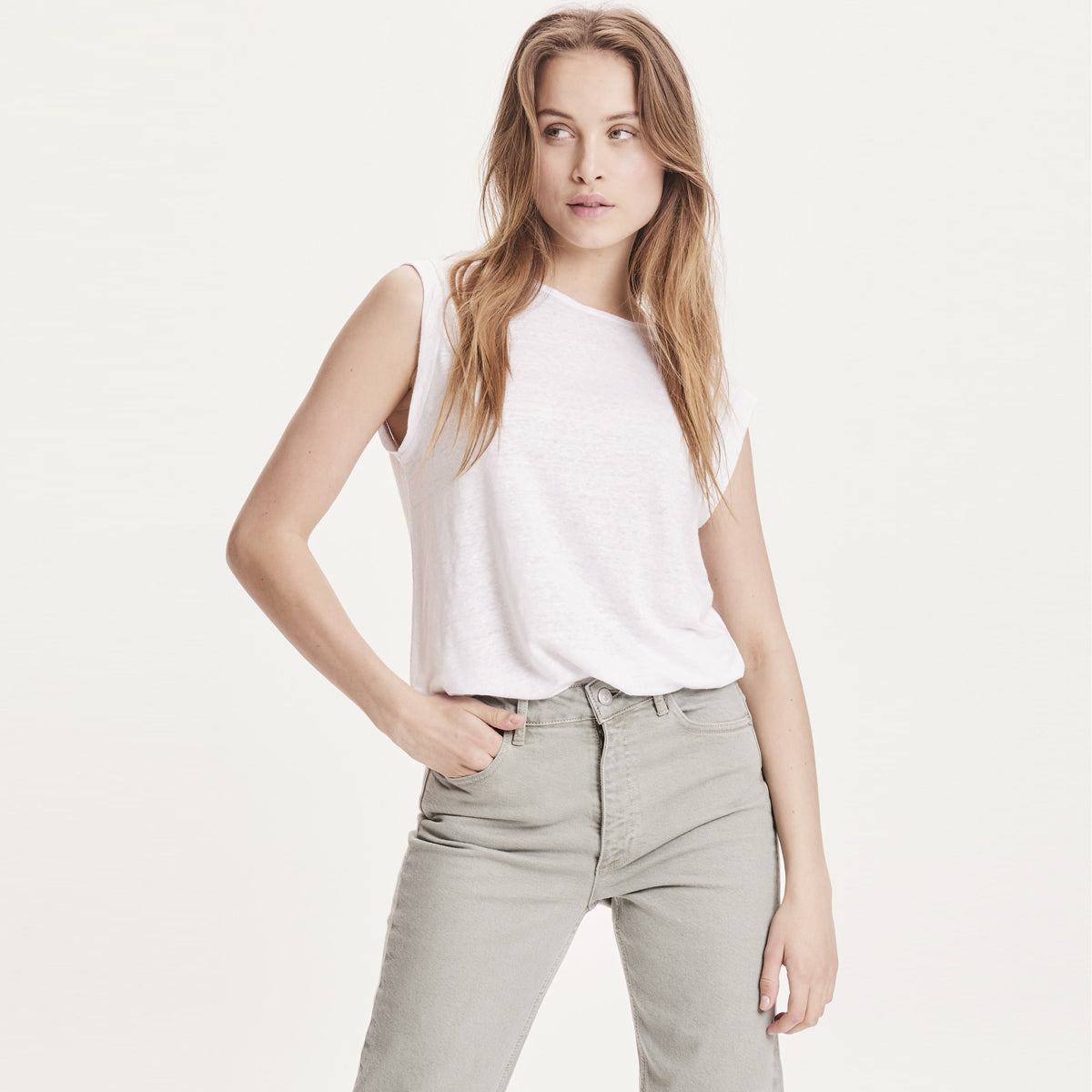 Violet Fold-Up Linen Tee White - KNOWLEDGE COTTON APPAREL