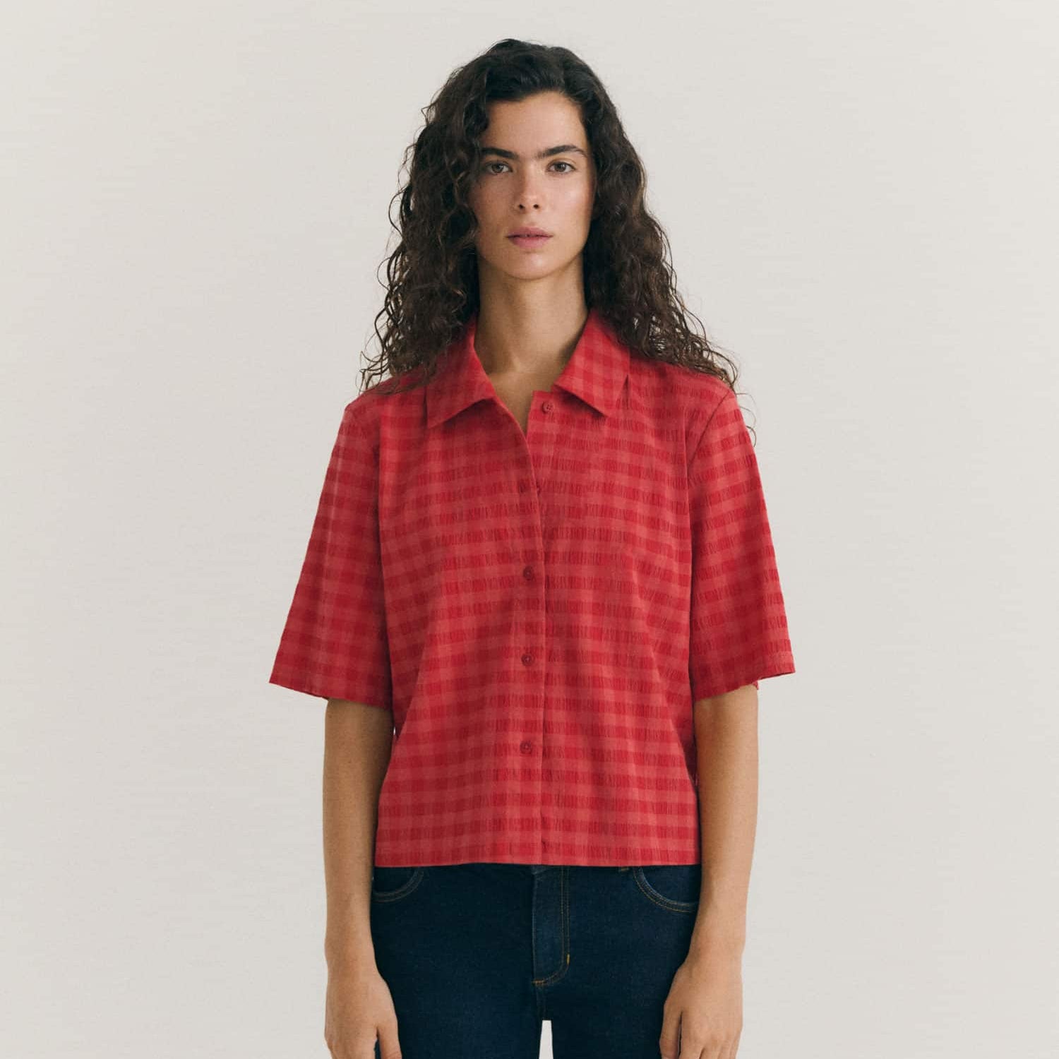 Red Checks Seersucker Ane Blouse